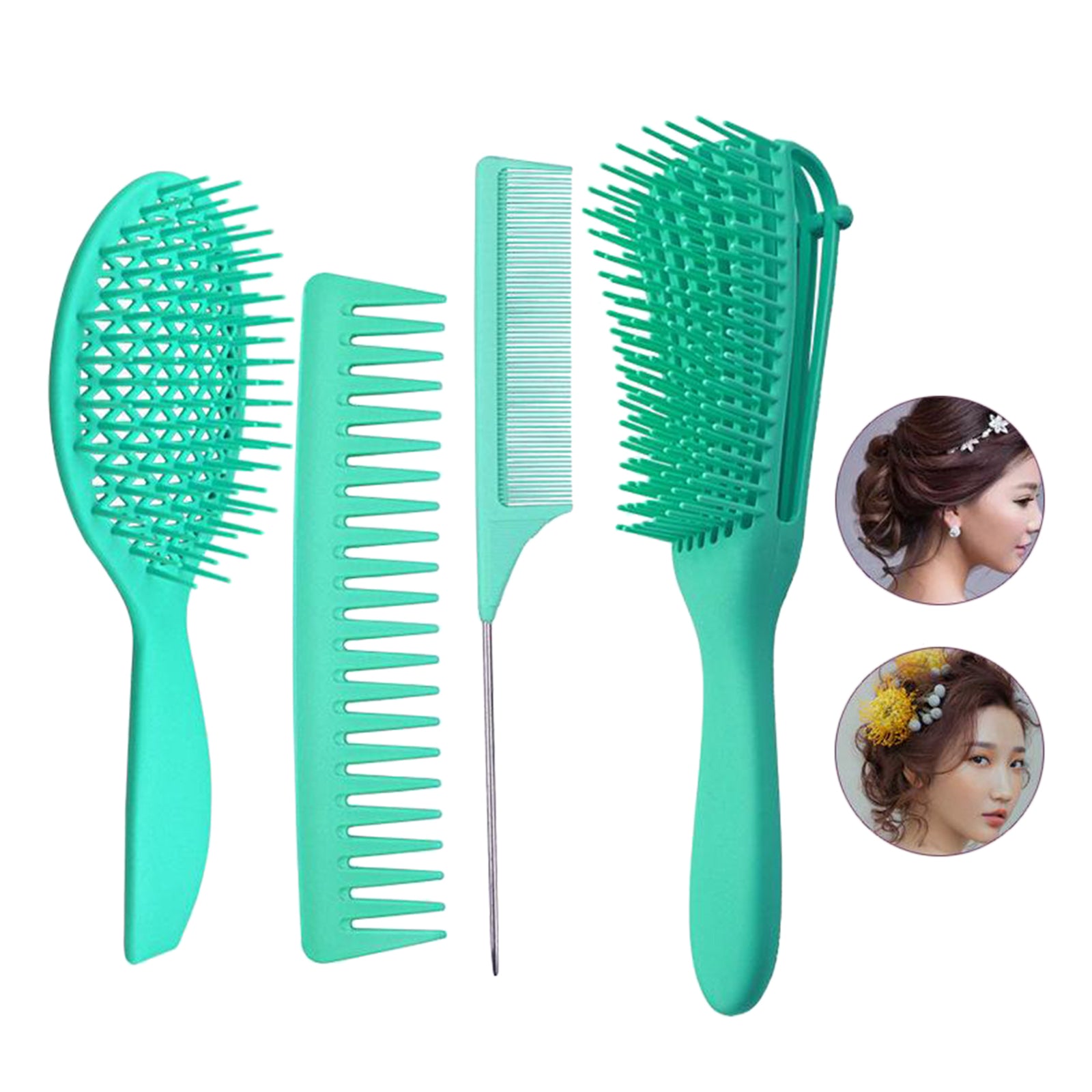 4x Salon Hair Styling Plastic Barbers Brush Combs Set for Long Hair Green