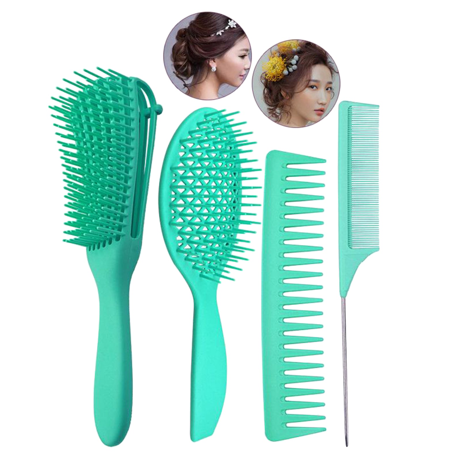 4x Salon Hair Styling Plastic Barbers Brush Combs Set for Long Hair Green