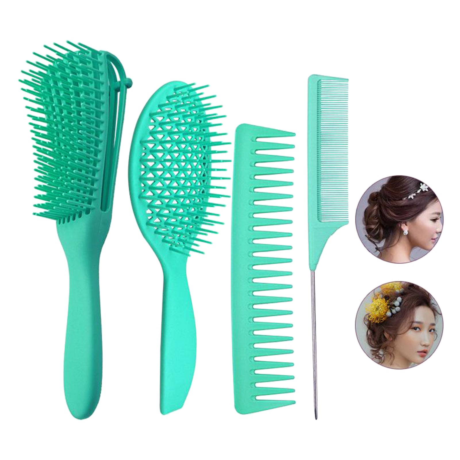 4x Salon Hair Styling Plastic Barbers Brush Combs Set for Long Hair Green