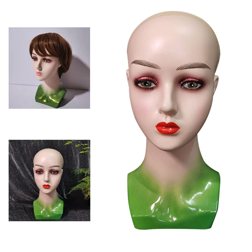 Mannequin Head Female Face Bald Stand for Wigs Styling or Display Hat Green