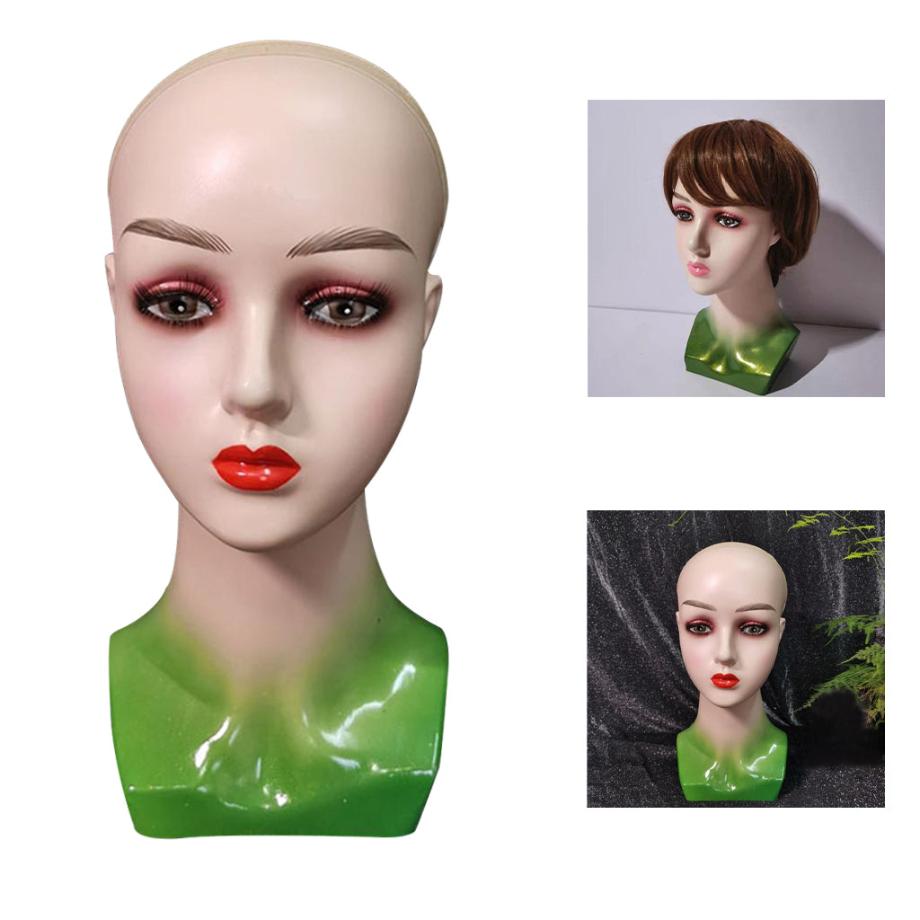 Mannequin Head Female Face Bald Stand for Wigs Styling or Display Hat Green