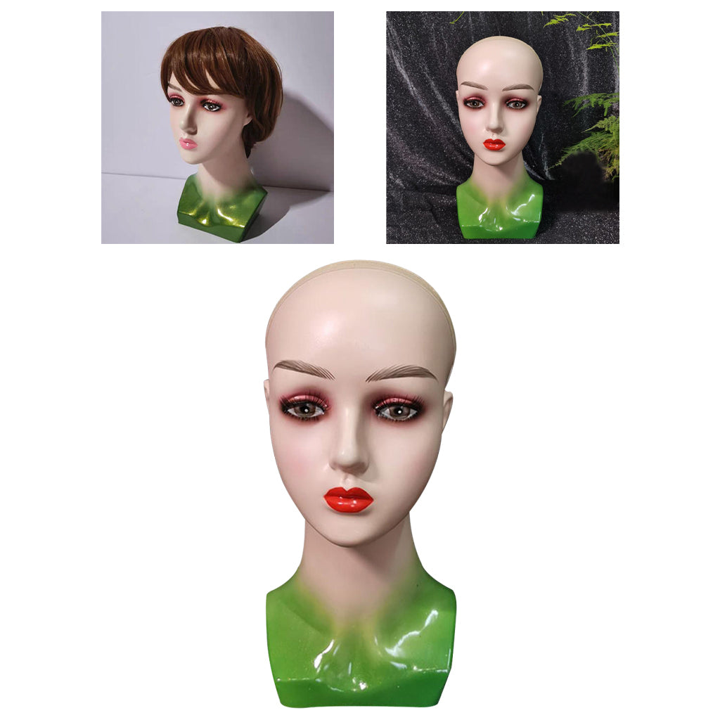 Mannequin Head Female Face Bald Stand for Wigs Styling or Display Hat Green