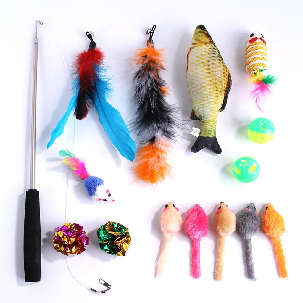 15pcs Cat Toys Variety Toy Set Cat Feather Teaser Colorful Bells Balls