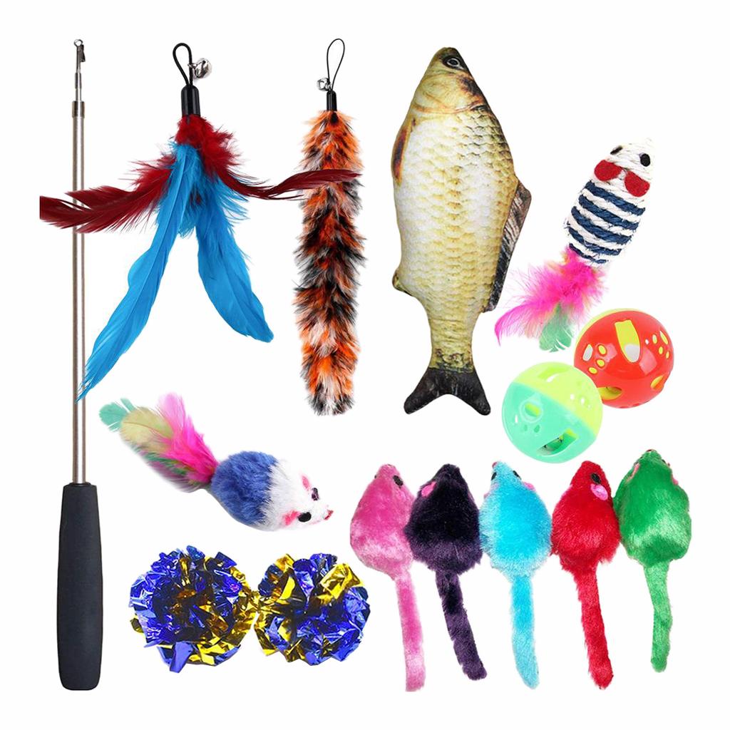 15pcs Cat Toys Variety Toy Set Cat Feather Teaser Colorful Bells Balls