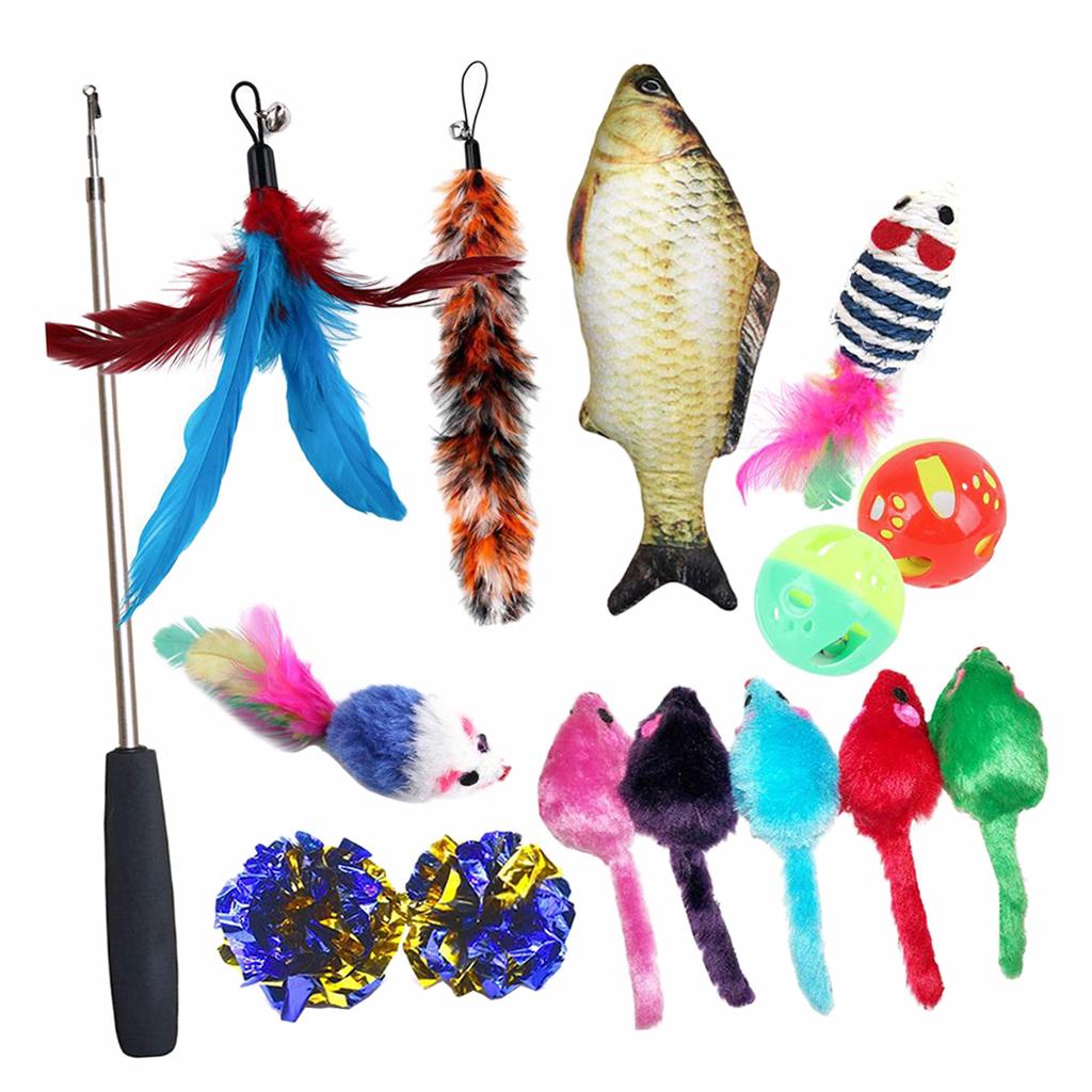 15pcs Cat Toys Variety Toy Set Cat Feather Teaser Colorful Bells Balls