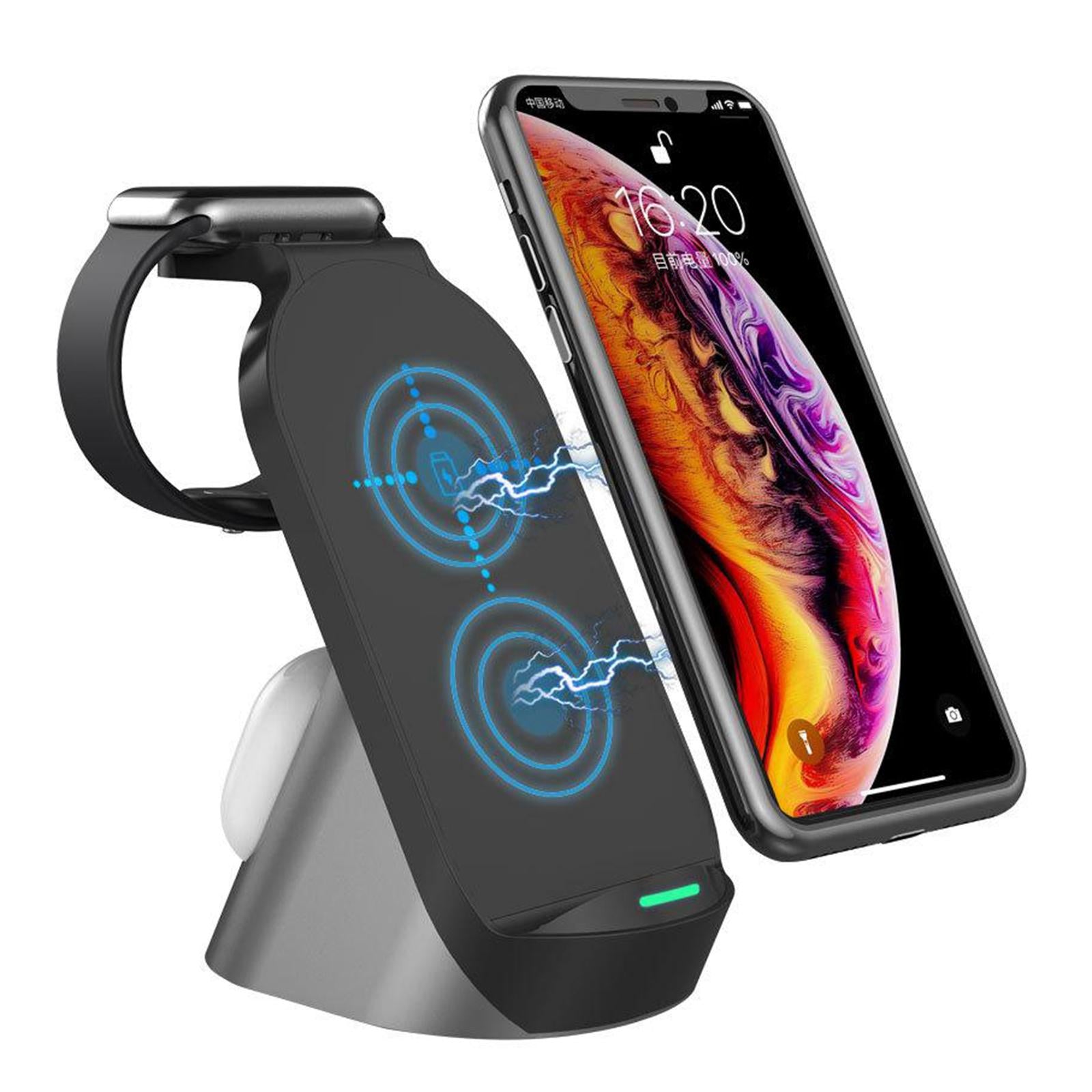 Desktop 15W Qi Wireless Charger Dock for iPhone XR 8 iWatch AirPods black