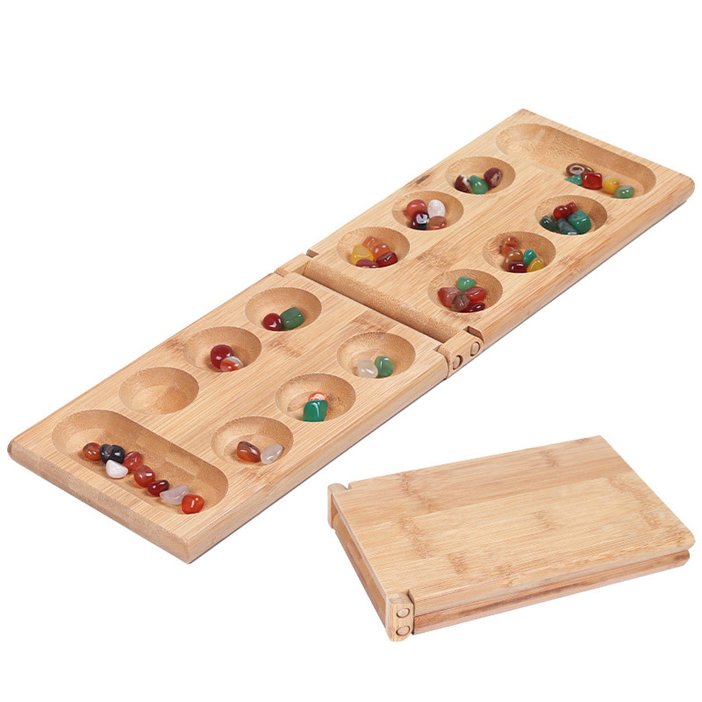 Foldable Wooden Mancala Board Game Colorful Stones for Kids Adults Durable