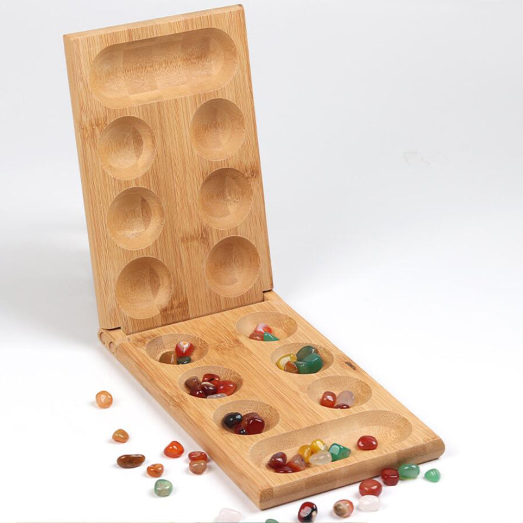 Foldable Wooden Mancala Board Game Colorful Stones for Kids Adults Durable