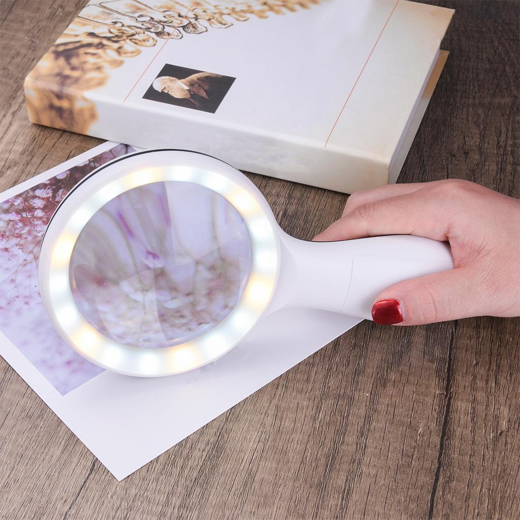 Small Handheld Magnifier with 18 LED Light for Seniors Children Books  White