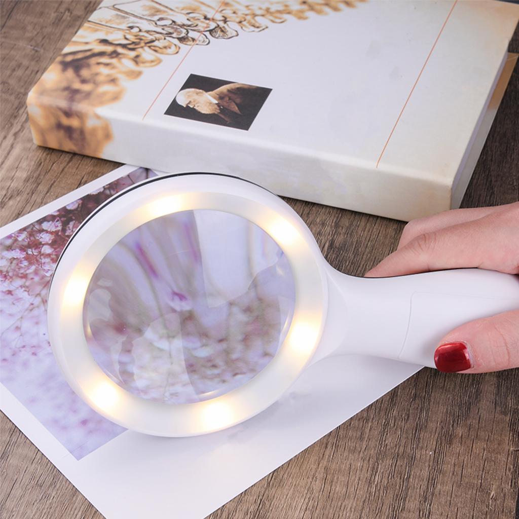 Small Handheld Magnifier with 18 LED Light for Seniors Children Books  White