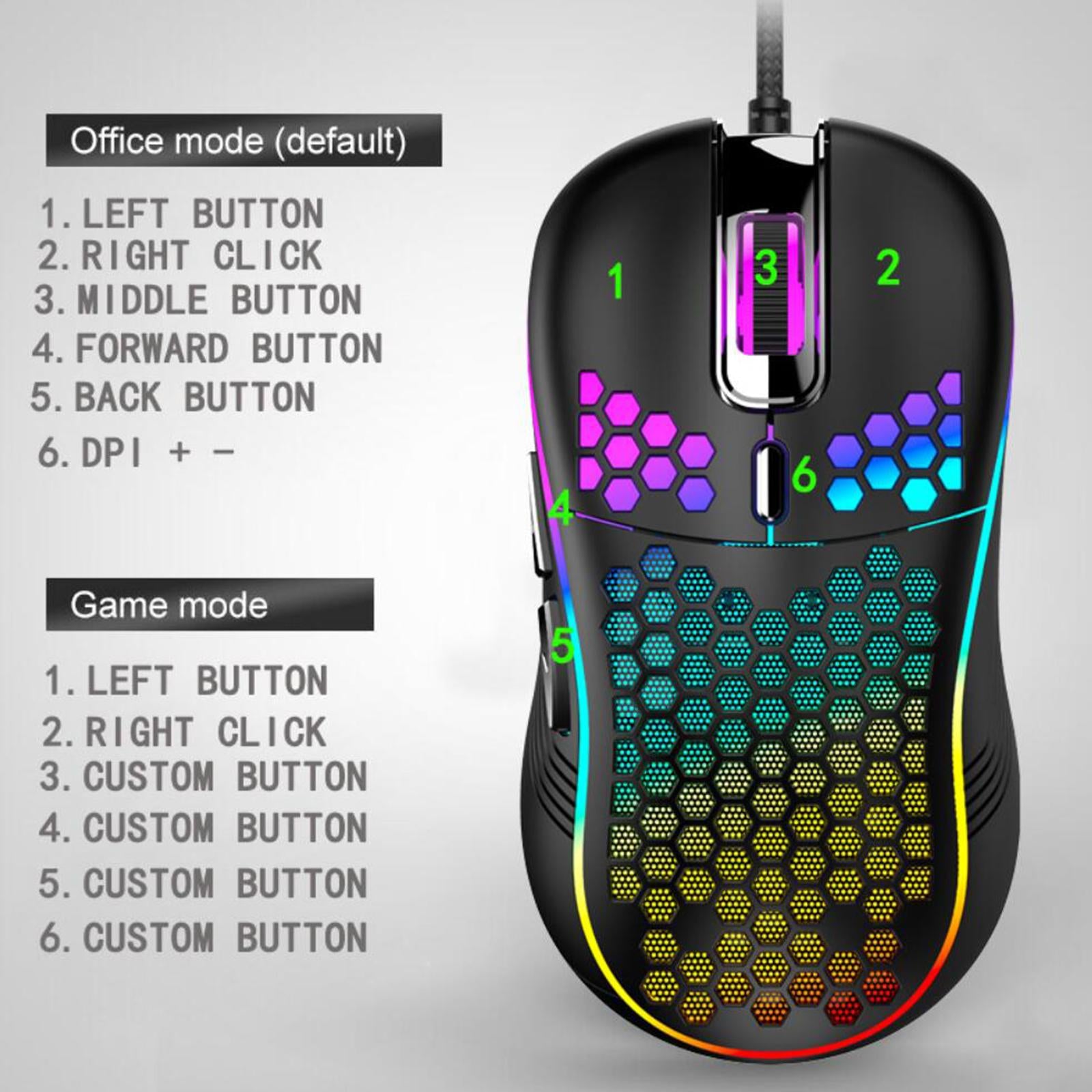 Honeycomb Wired Gaming Mouse RGB Lighting for Desktop PC Universal 6 Buttons