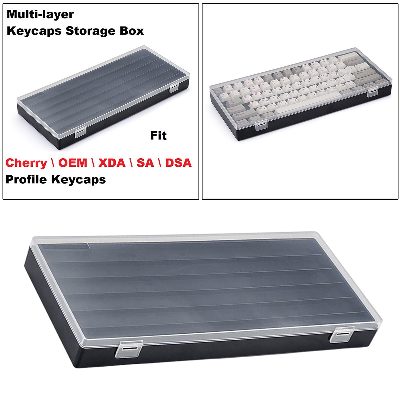 3 Layers Keycaps Storage Box w/Clear Cover with Dividers Organizer Black