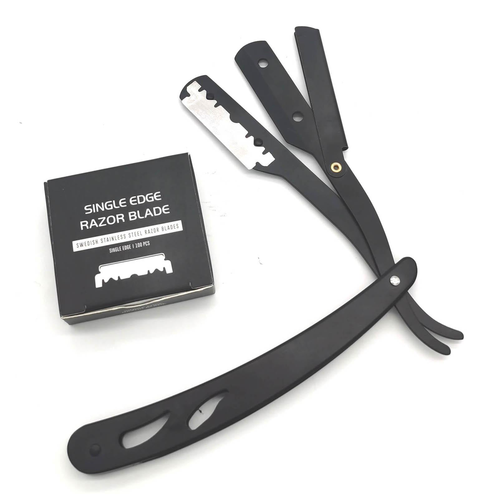 Stainless Steel Barber Straight Edge Razor with 100Piece Blades Black