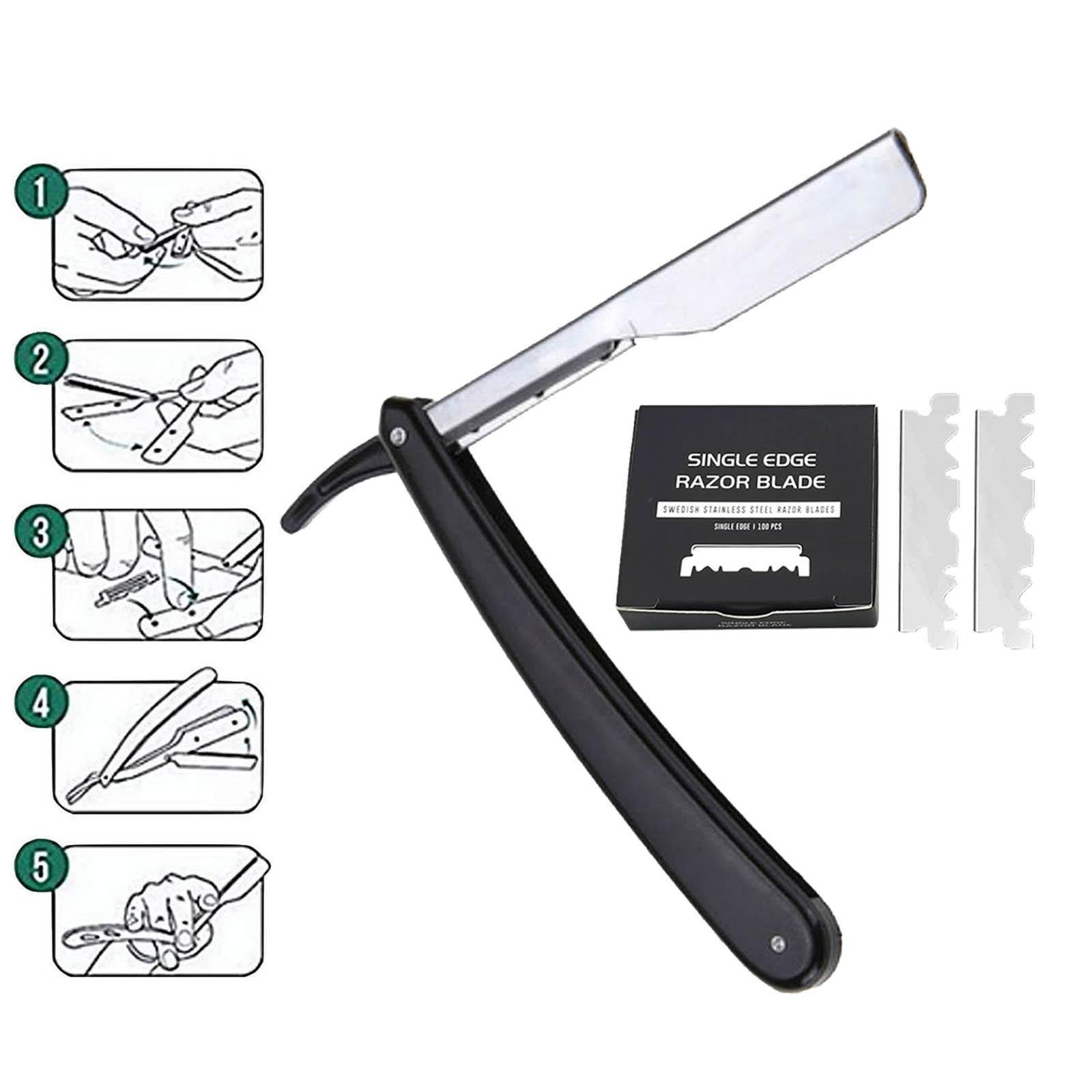 Stainless Steel Barber Straight Edge Razor Kit with 100Piece Blades Black