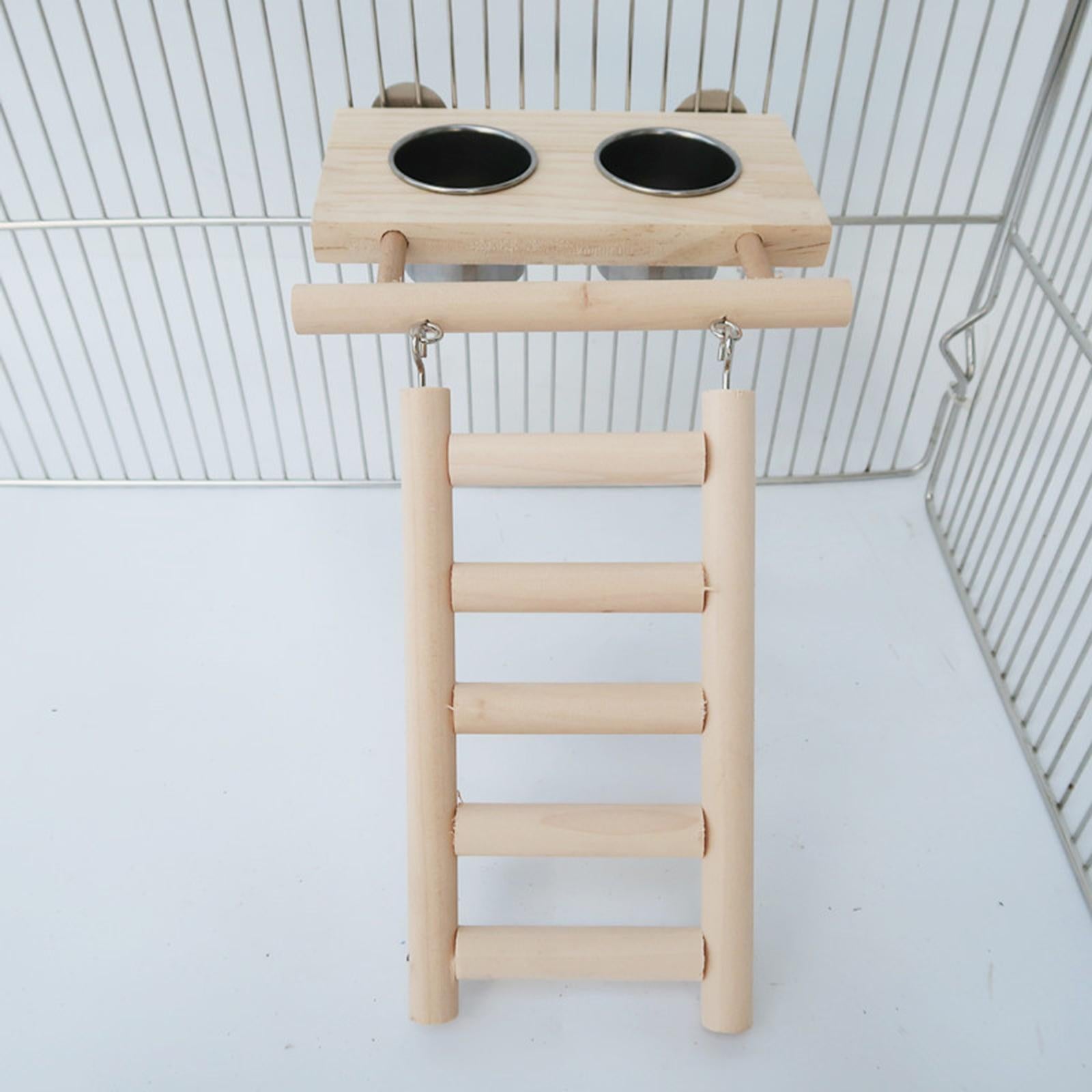 Bird Parrots Playground Wood Ladder Perch with Feeder Cups for Gym Toys