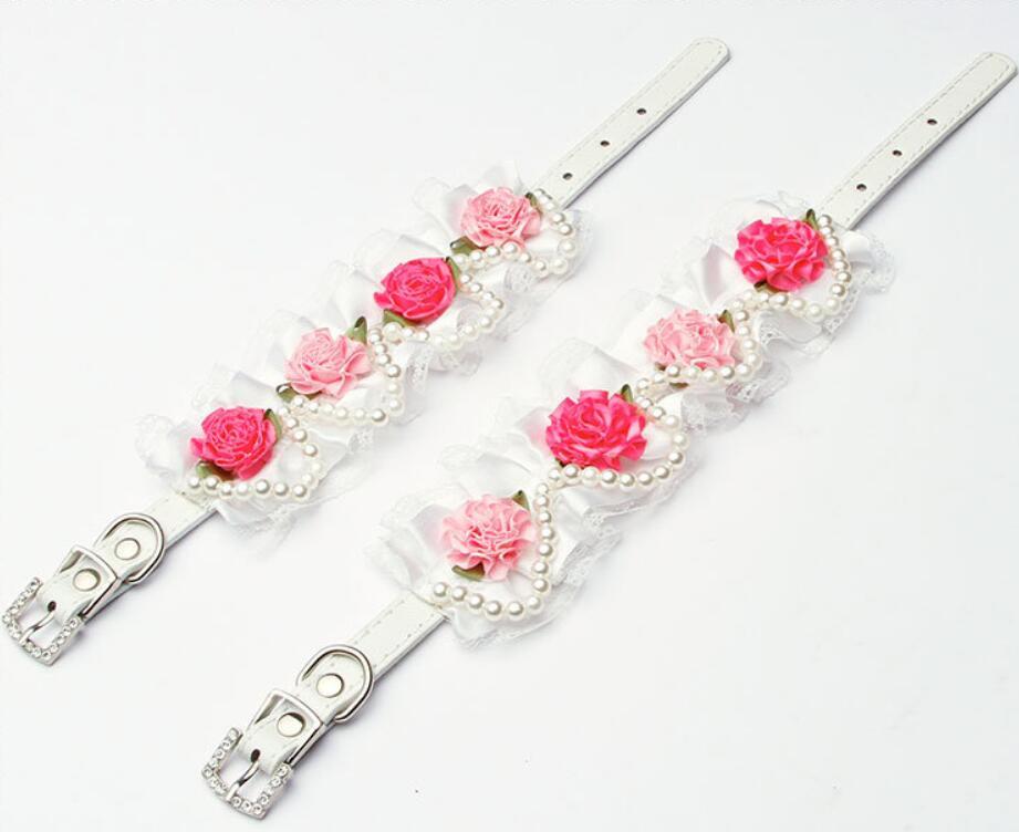 Pet Dog Cat Puppy Imitation Pearls Necklace Flower Lace Collar Belt White M