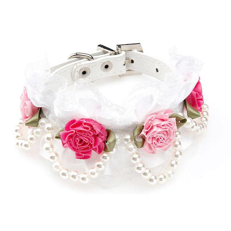 Pet Dog Cat Puppy Imitation Pearls Necklace Flower Lace Collar Belt White M