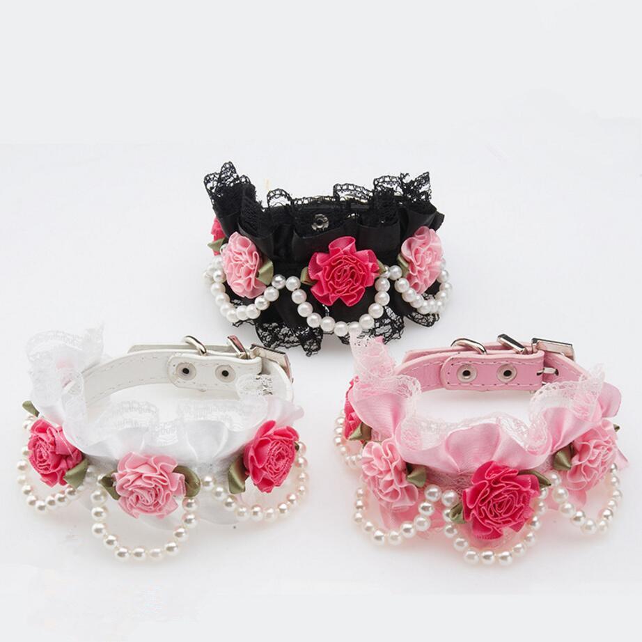 Pet Dog Cat Puppy Imitation Pearls Necklace Flower Lace Collar Belt White M