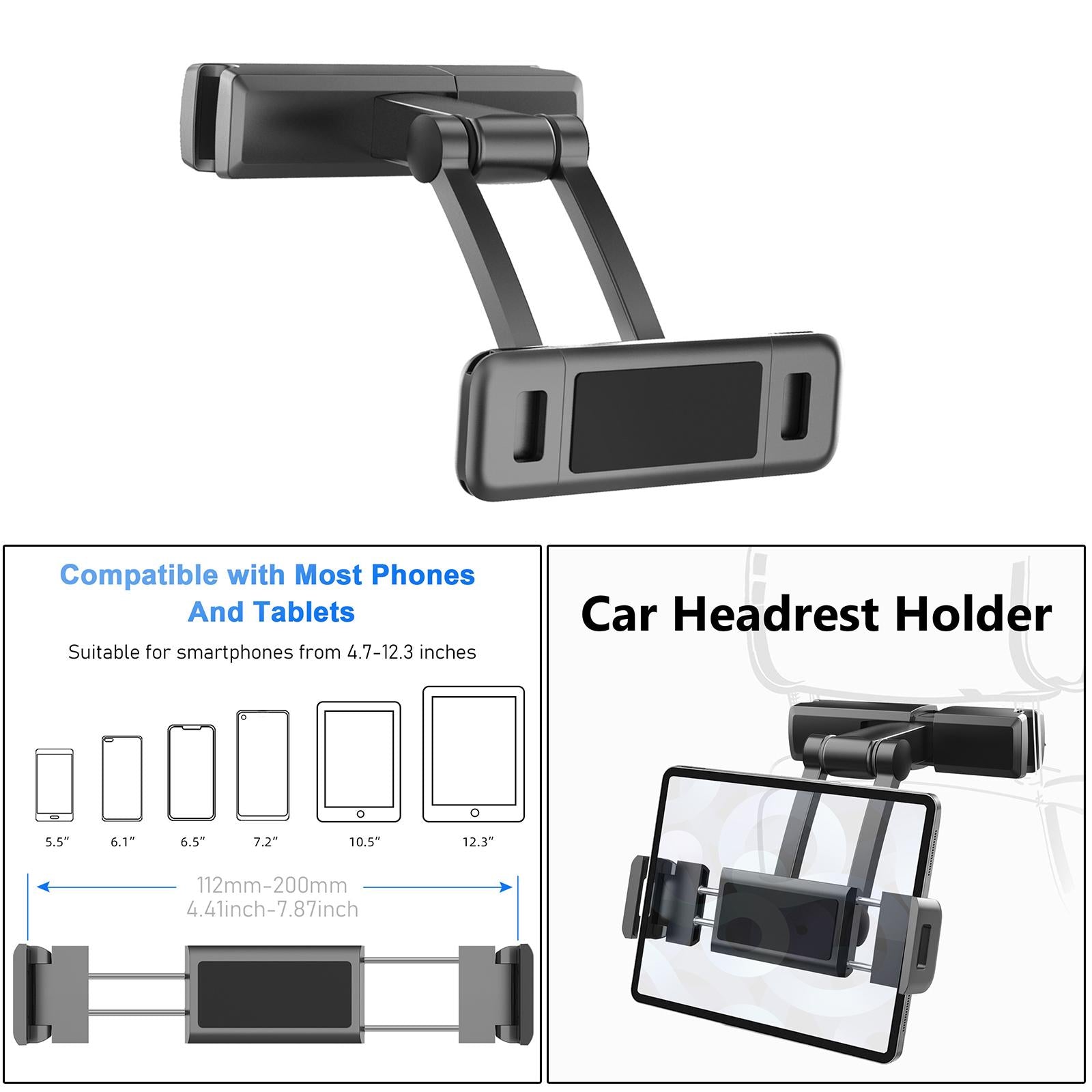 Universal Car Headrest Seat Holder Mount for 4.7-12.3" Phone Tablets Black