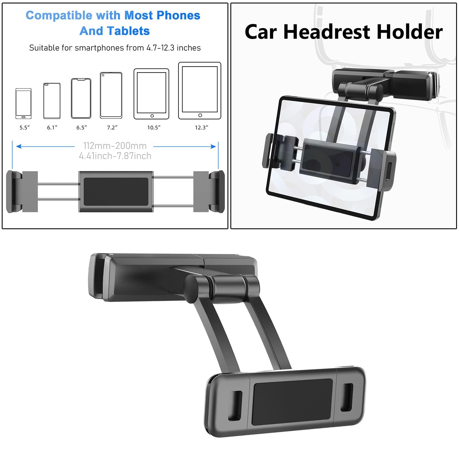 Universal Car Headrest Seat Holder Mount for 4.7-12.3" Phone Tablets Black