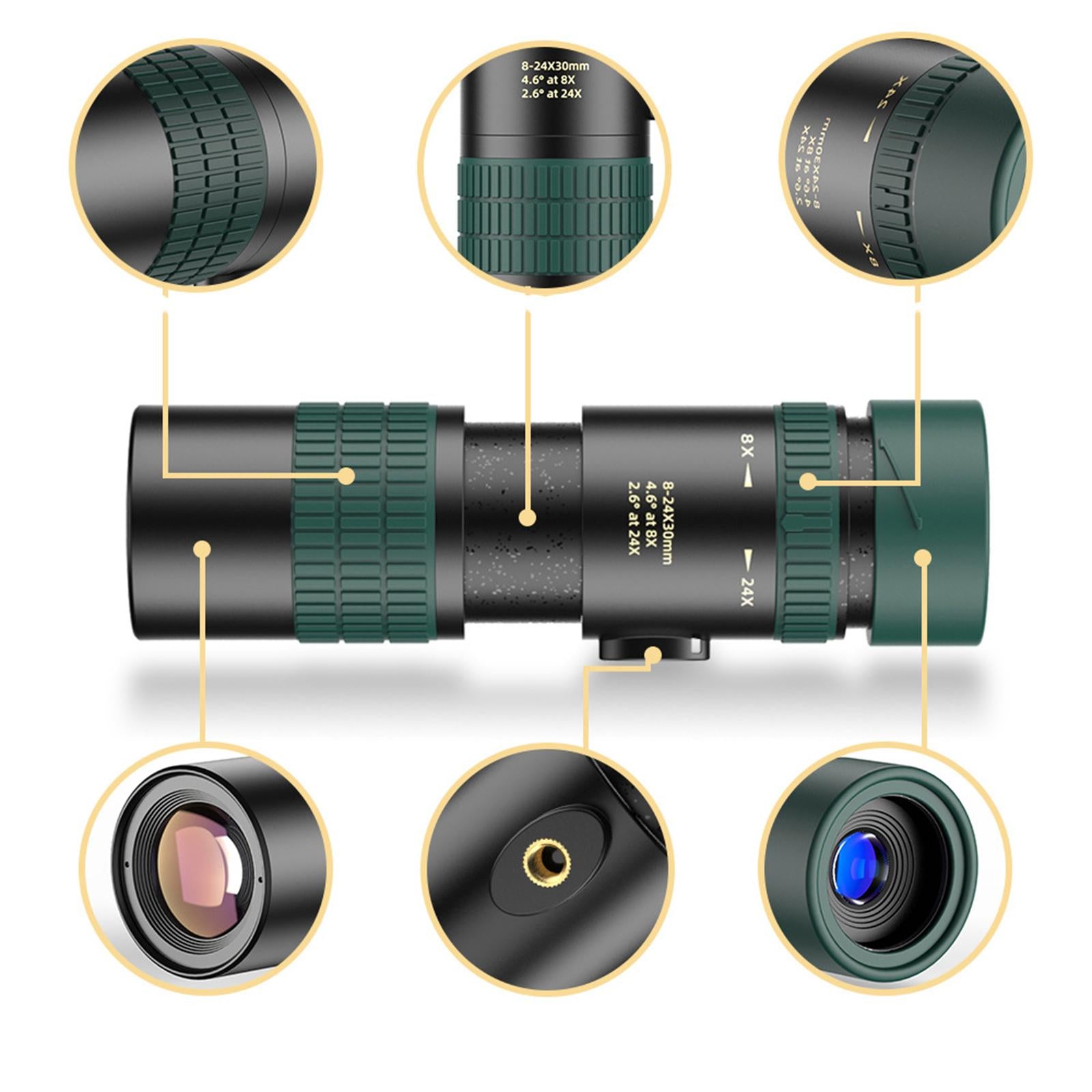 8-24X30 HD Zoom Monocular Scope for Traveling Concert Hiking Telescope Green with Tripod