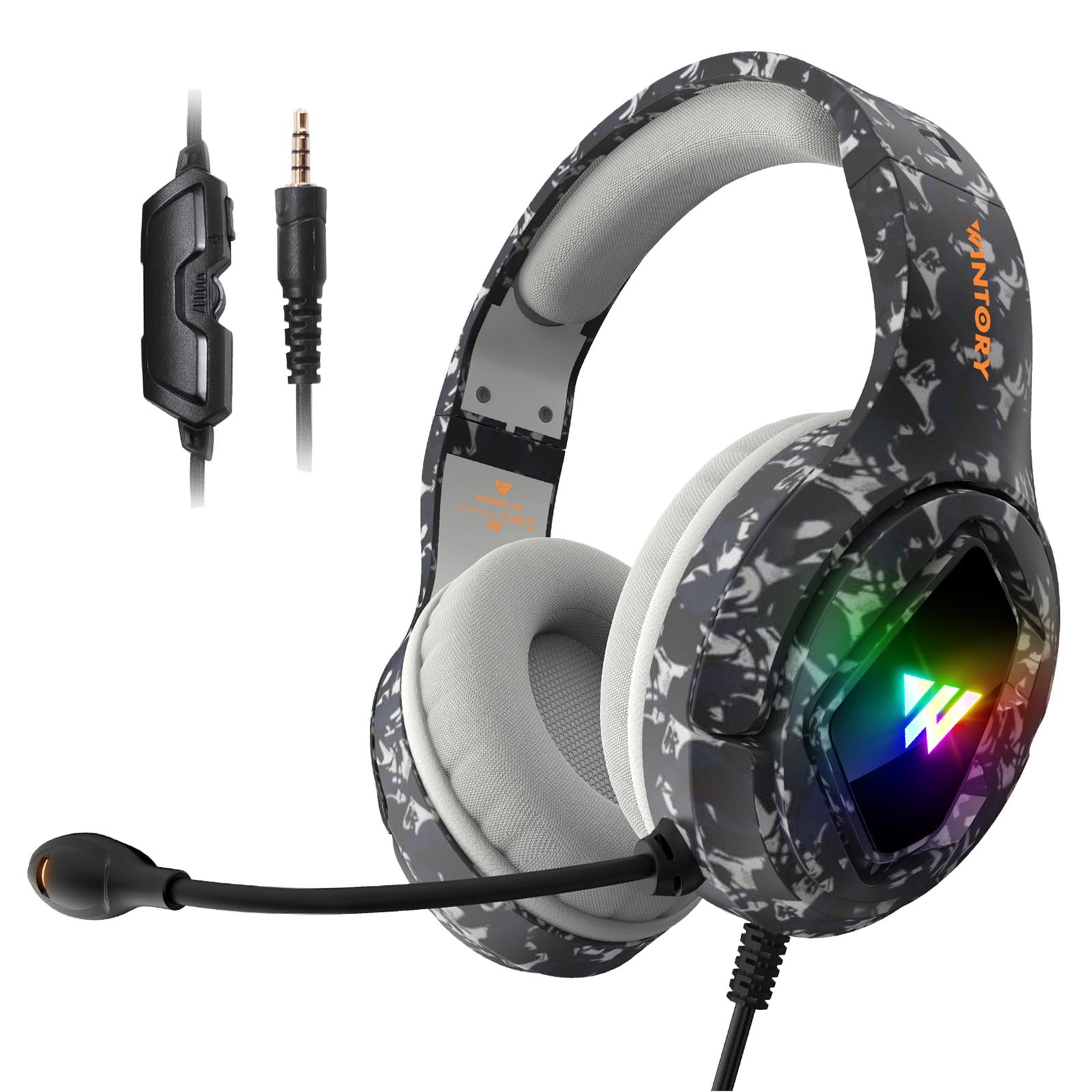 RGB Gaming Headset w/Mic RGB LED Headphones Stereo Bass Black camouflage