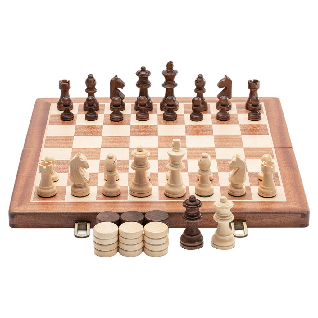 15 Inches Wooden Chess & Checkers Family Travel Board Game for Kids Adults