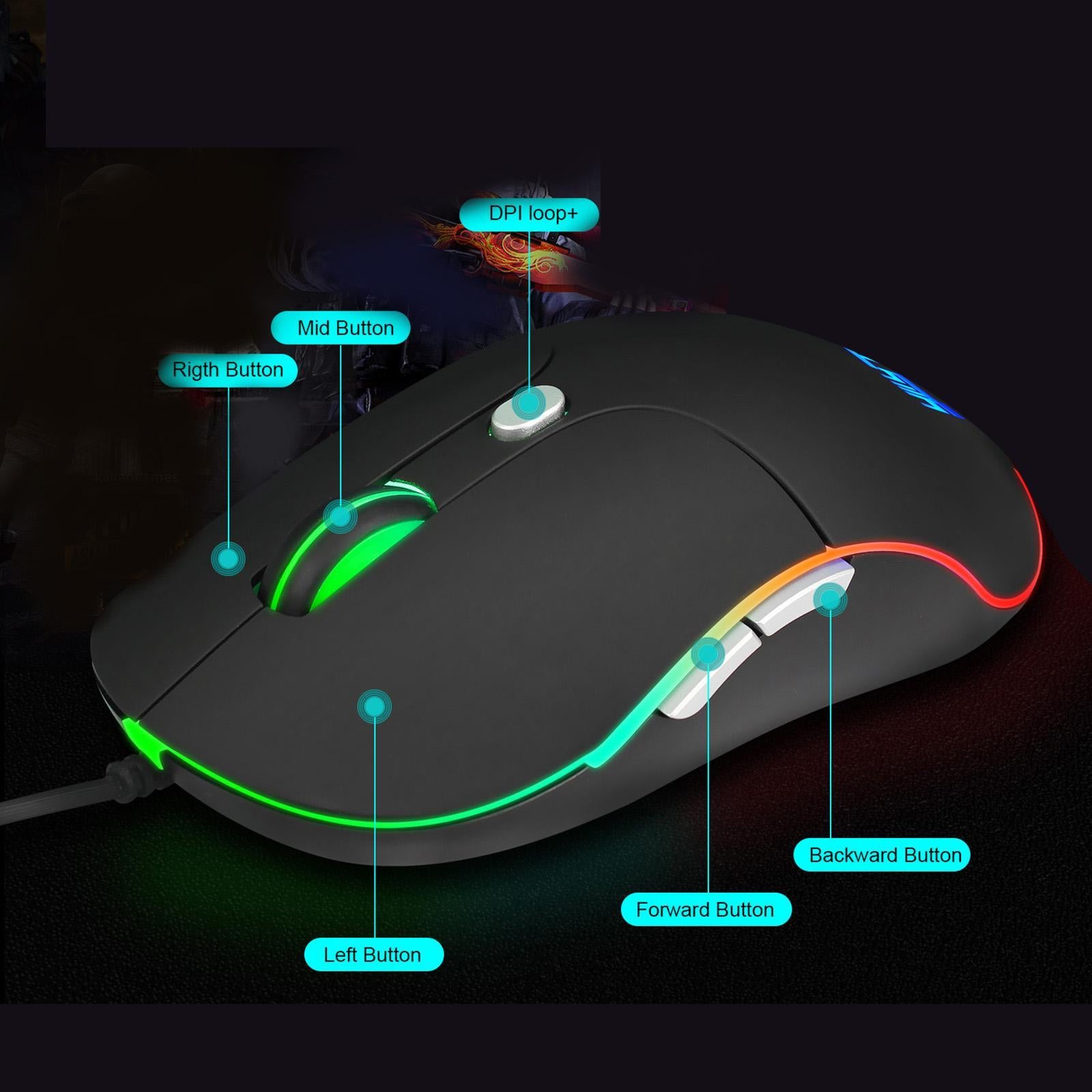 RGB Backlit Wired Gaming Mouse 3200 DPI Mice with Side Buttons Comfortable