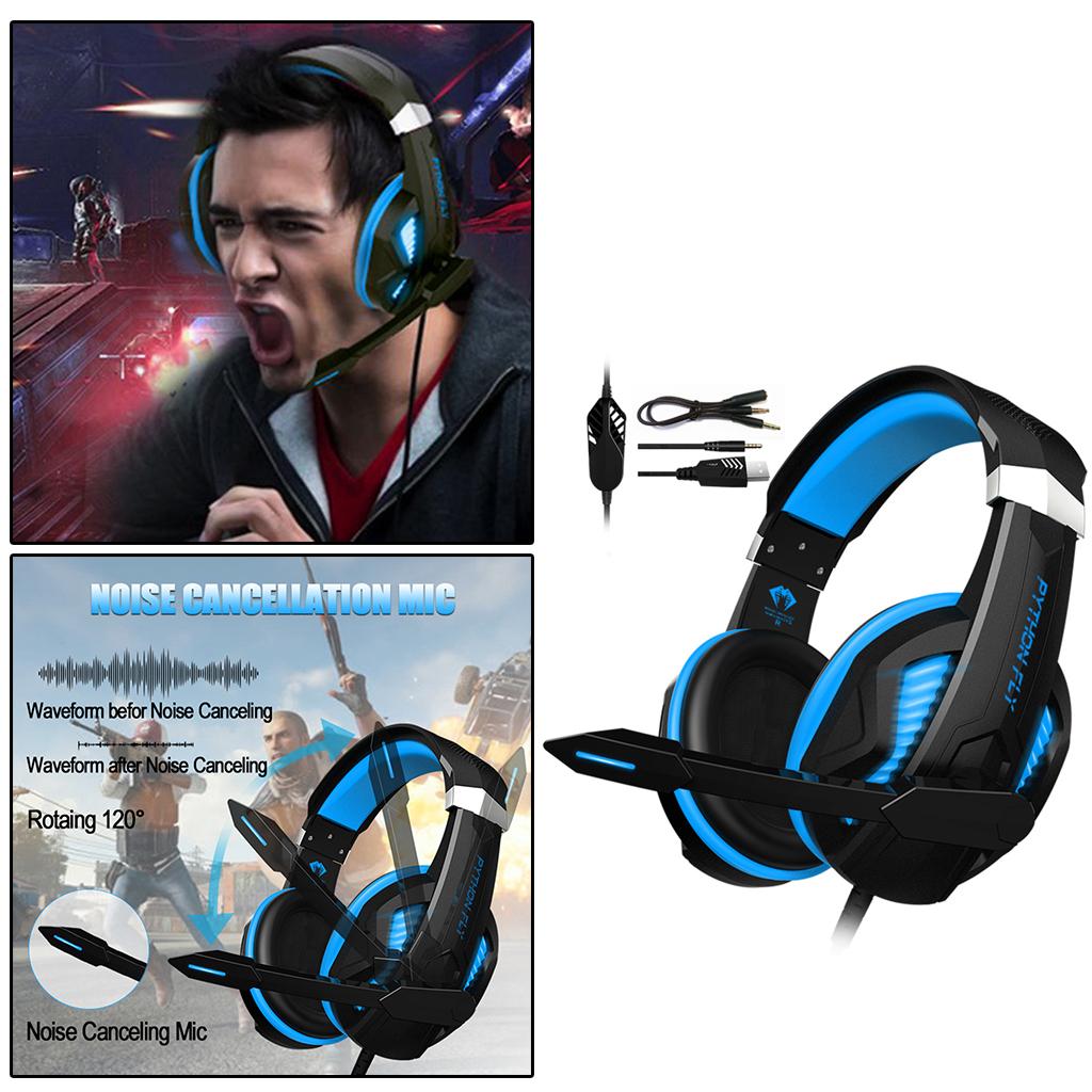 Over Ear Gaming Headset with MIC Headphone Soft Earmuffs Volume Control Blue