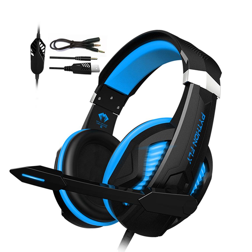 Over Ear Gaming Headset with MIC Headphone Soft Earmuffs Volume Control Blue