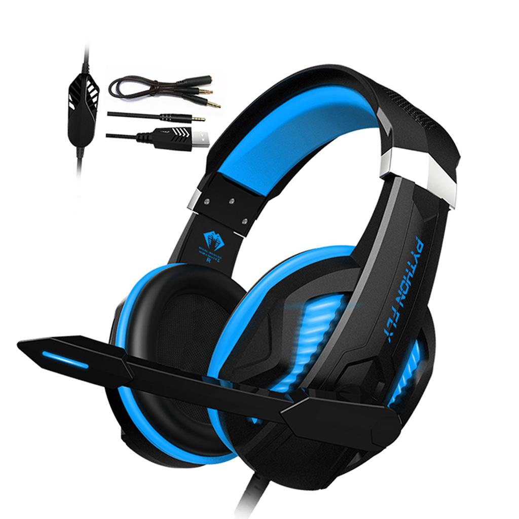 Over Ear Gaming Headset with MIC Headphone Soft Earmuffs Volume Control Blue