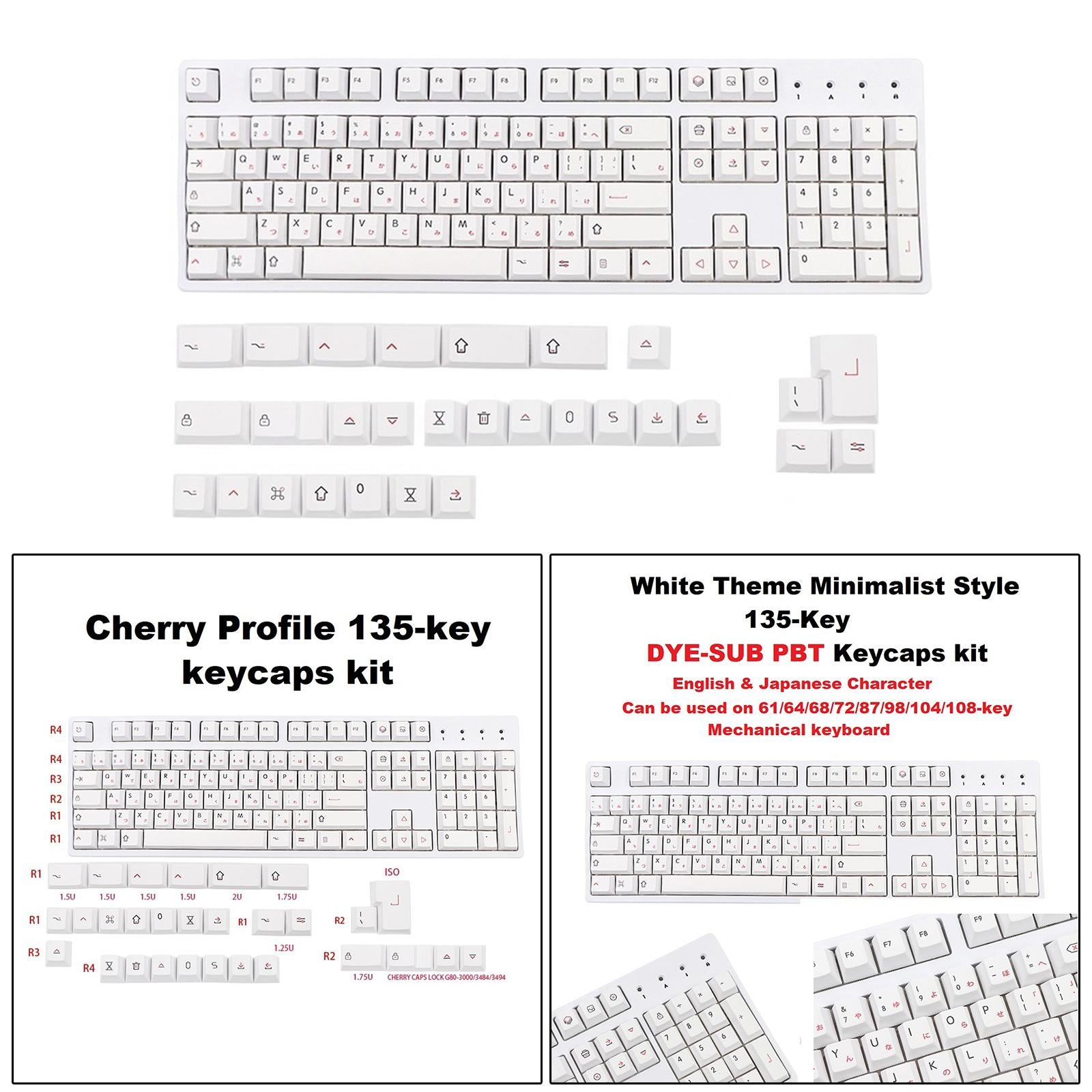 135 DYE-Sub Keycaps PBT Keycap for Cherry MX Keyboard Minimalist White Theme