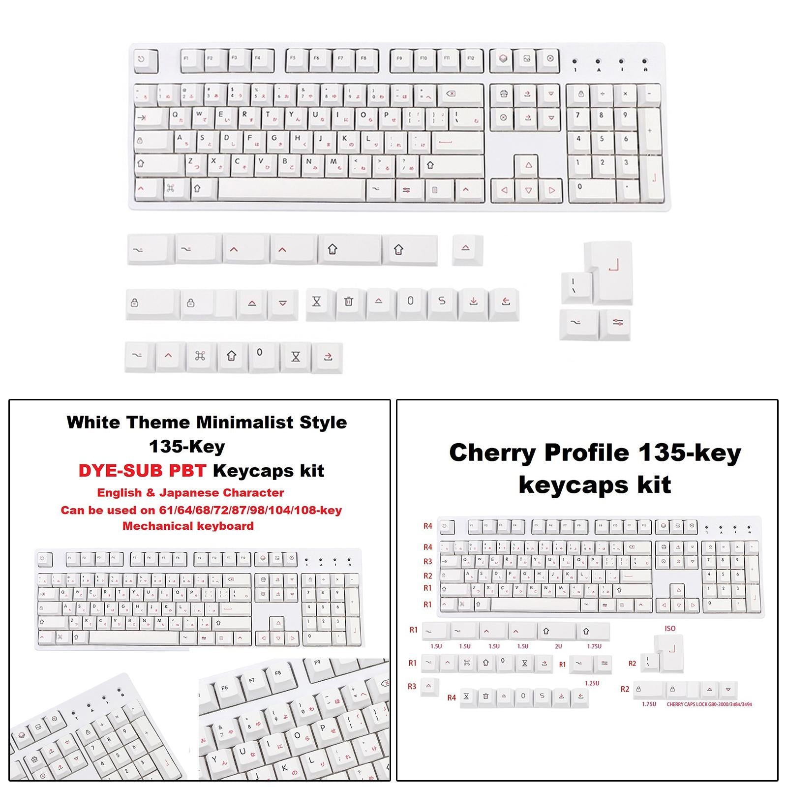 135 DYE-Sub Keycaps PBT Keycap for Cherry MX Keyboard Minimalist White Theme