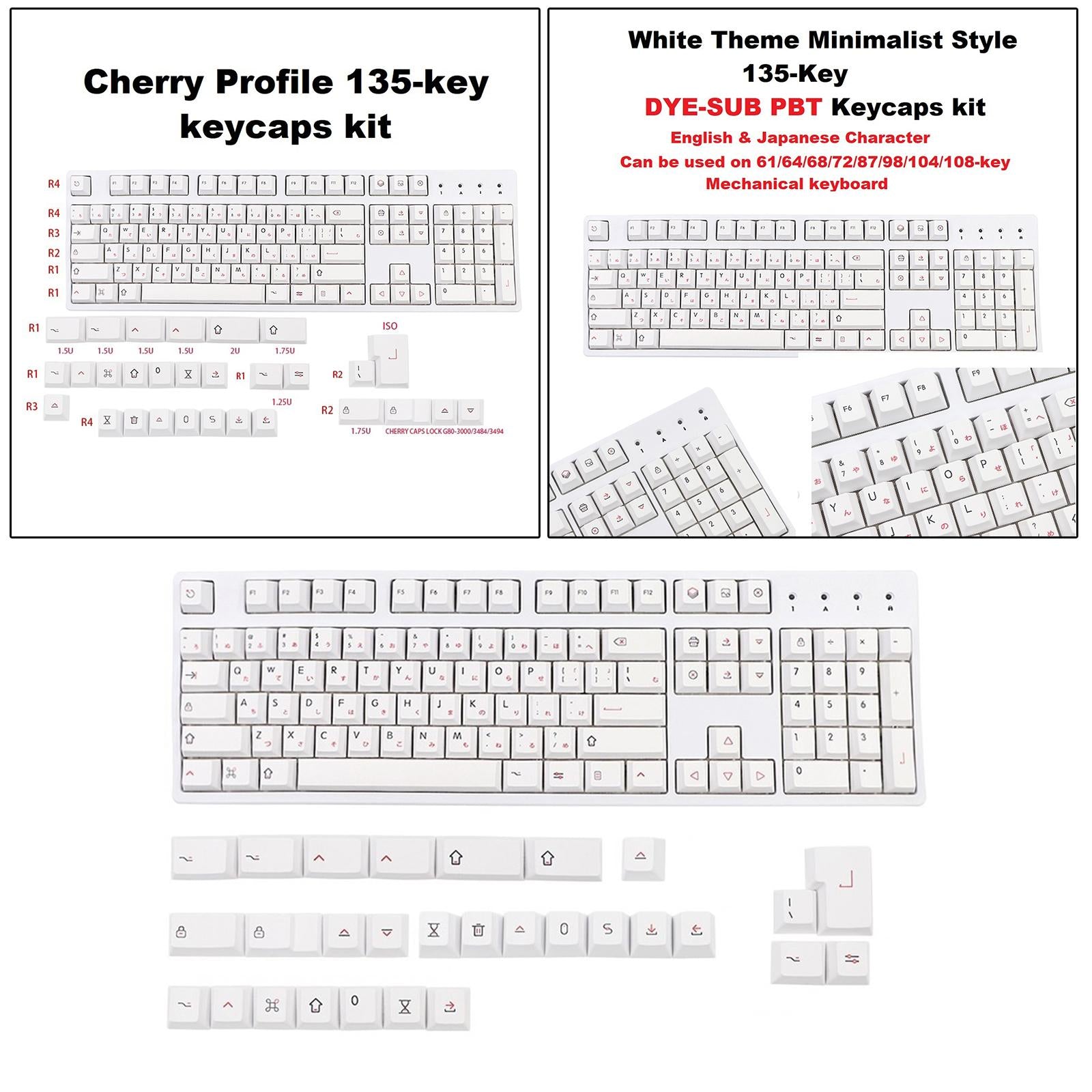 135 DYE-Sub Keycaps PBT Keycap for Cherry MX Keyboard Minimalist White Theme