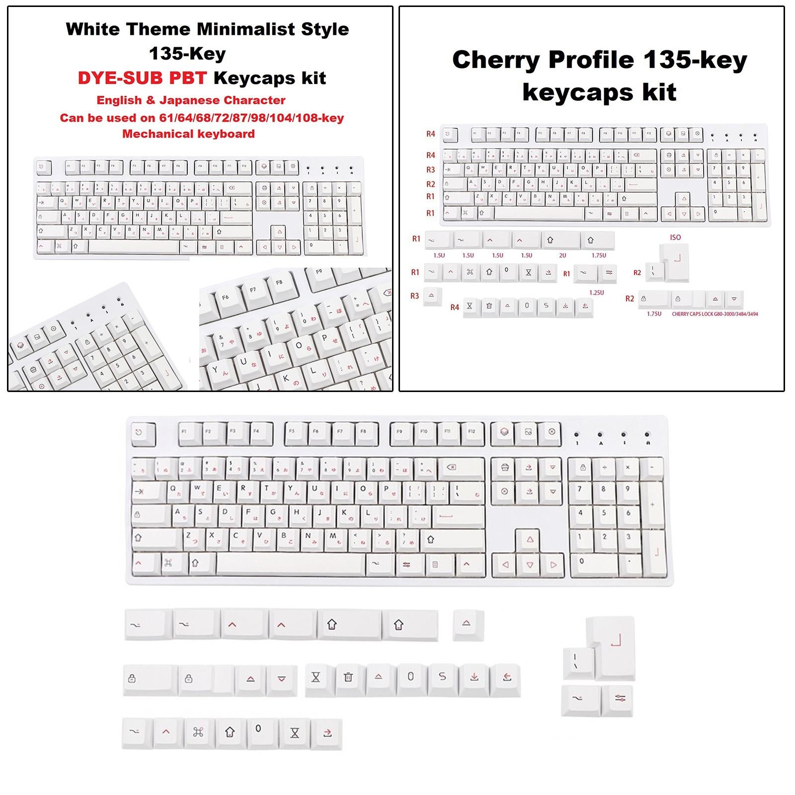 135 DYE-Sub Keycaps PBT Keycap for Cherry MX Keyboard Minimalist White Theme