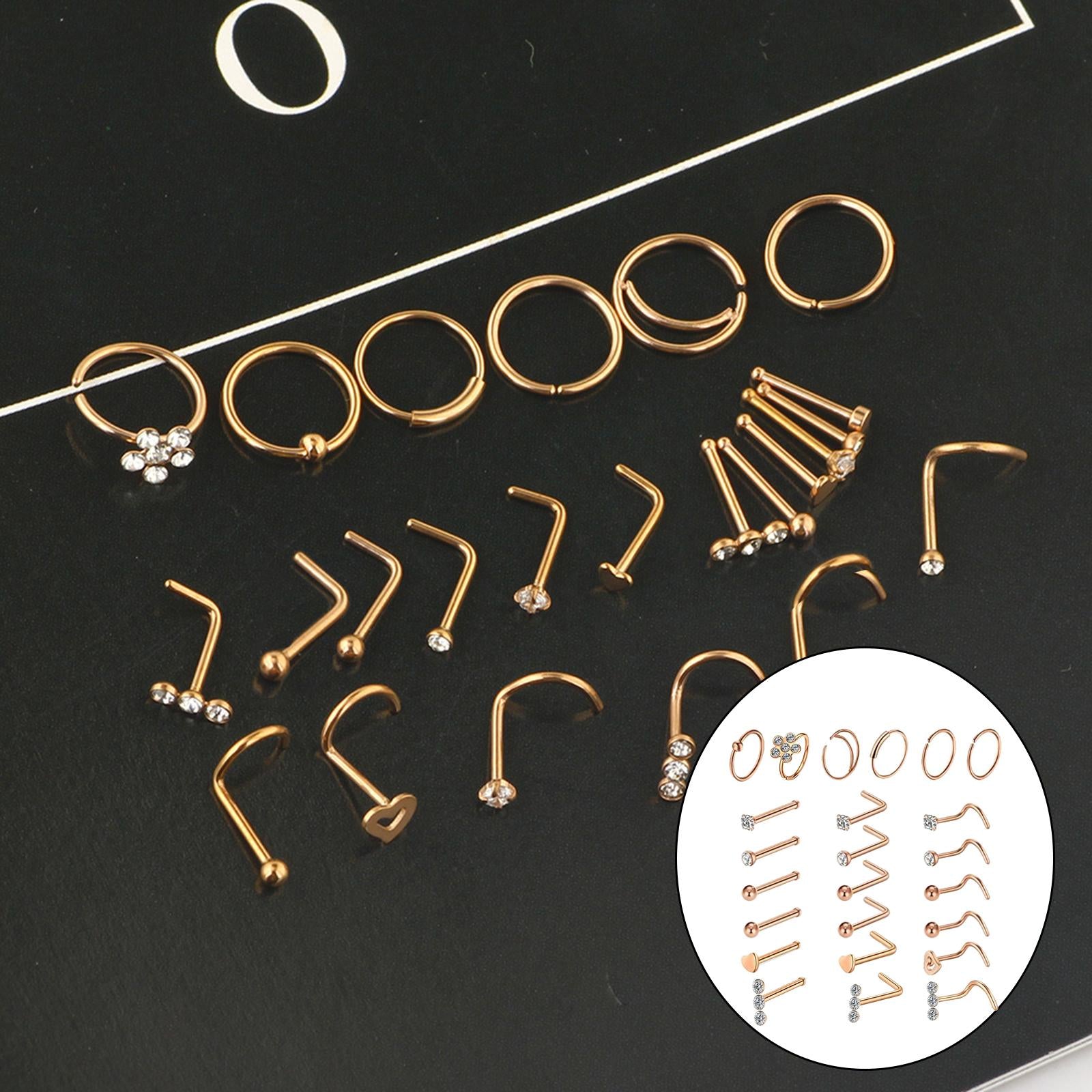 5G Nose Rings Studs Set for Women Men Girls Boys Ceremonies Vacations 24 Pcs