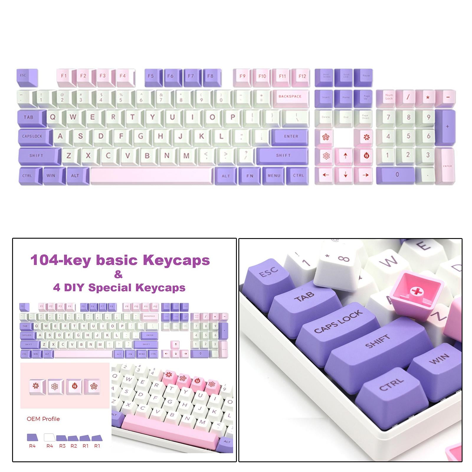 108 Key Mechanical Keyboard Keycaps Pink & Purple Dustproof Waterproof Home