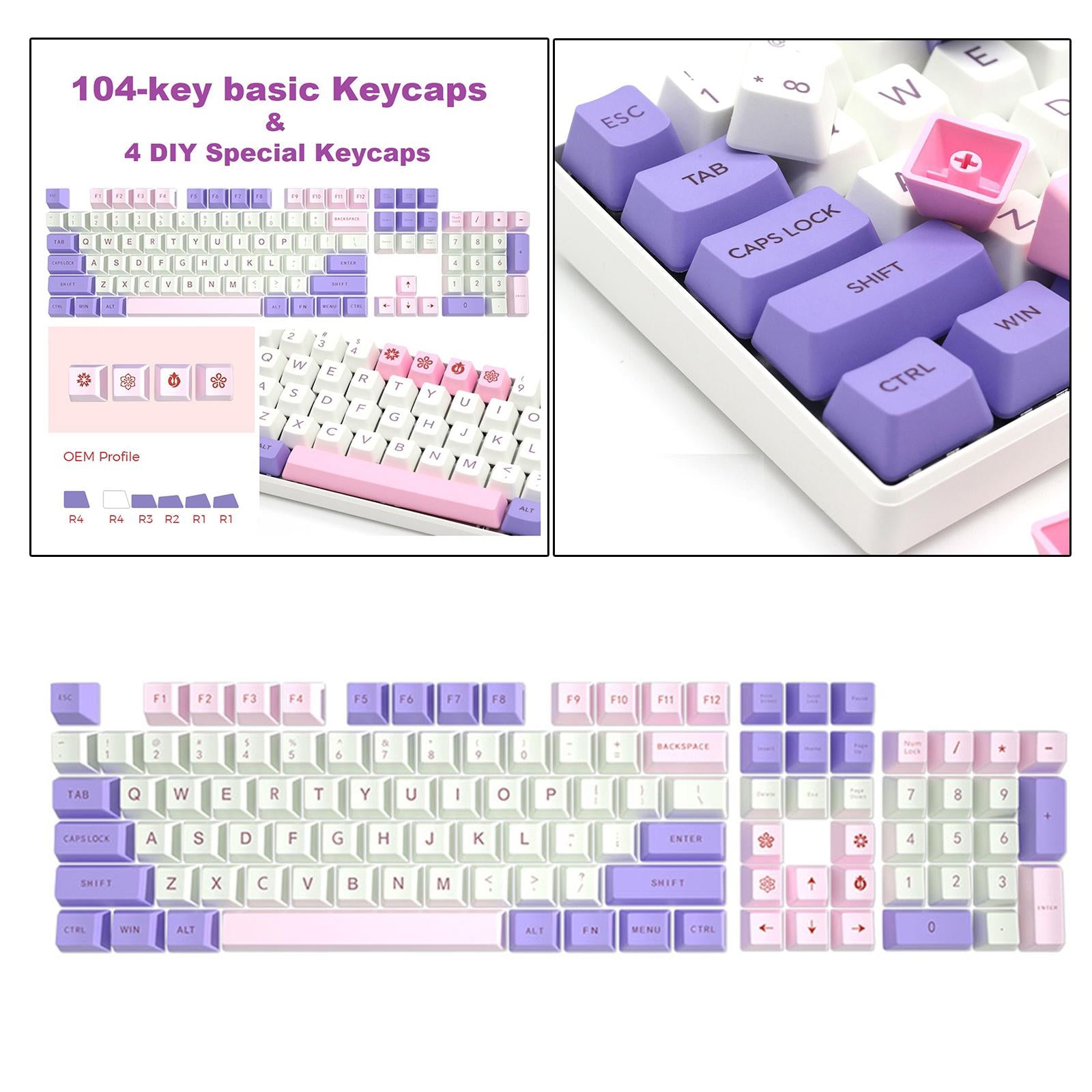 108 Key Mechanical Keyboard Keycaps Pink & Purple Dustproof Waterproof Home