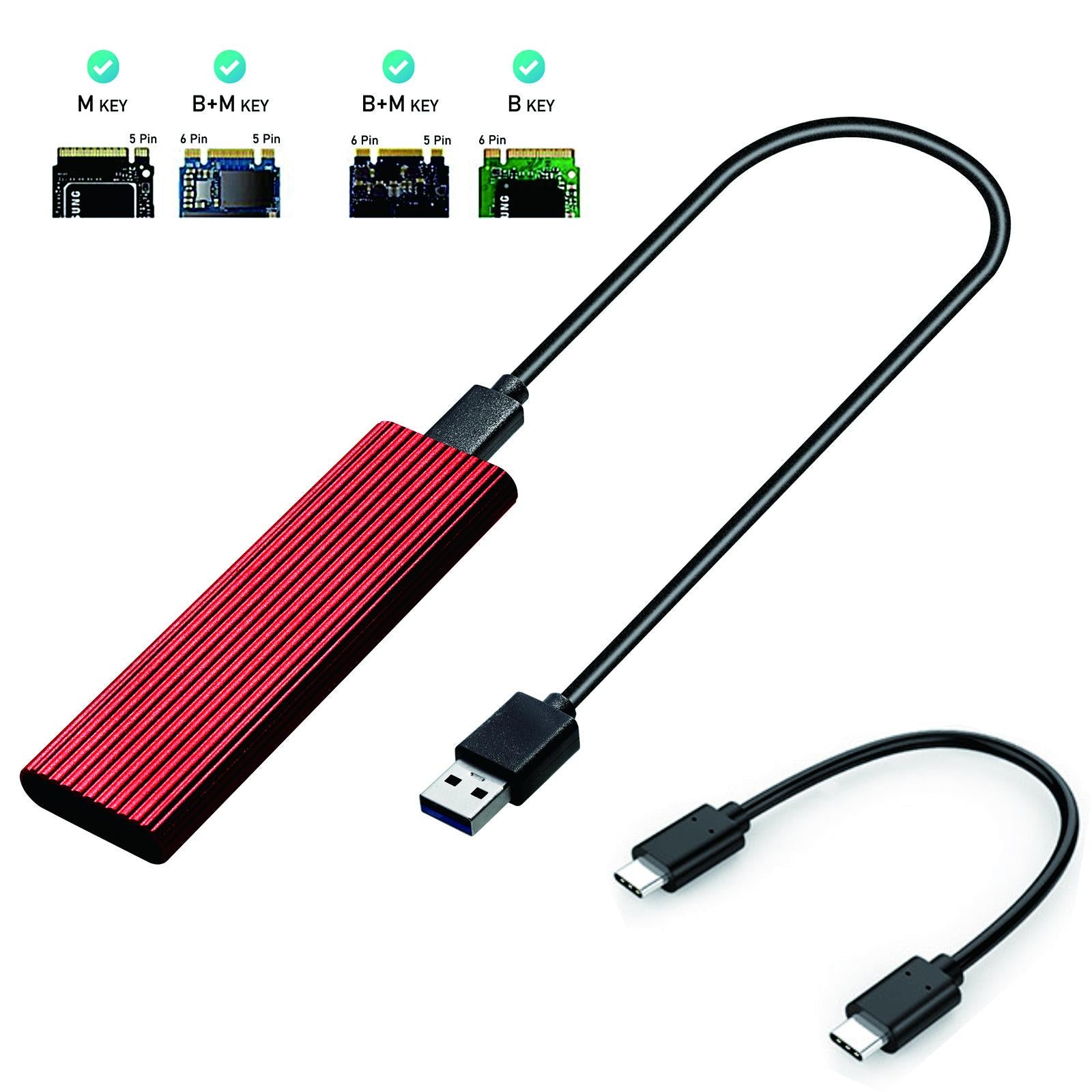 External M.2 to USB 3.1 Enclosure Adapter for 2230/42/60/80 NVMe SSD Red