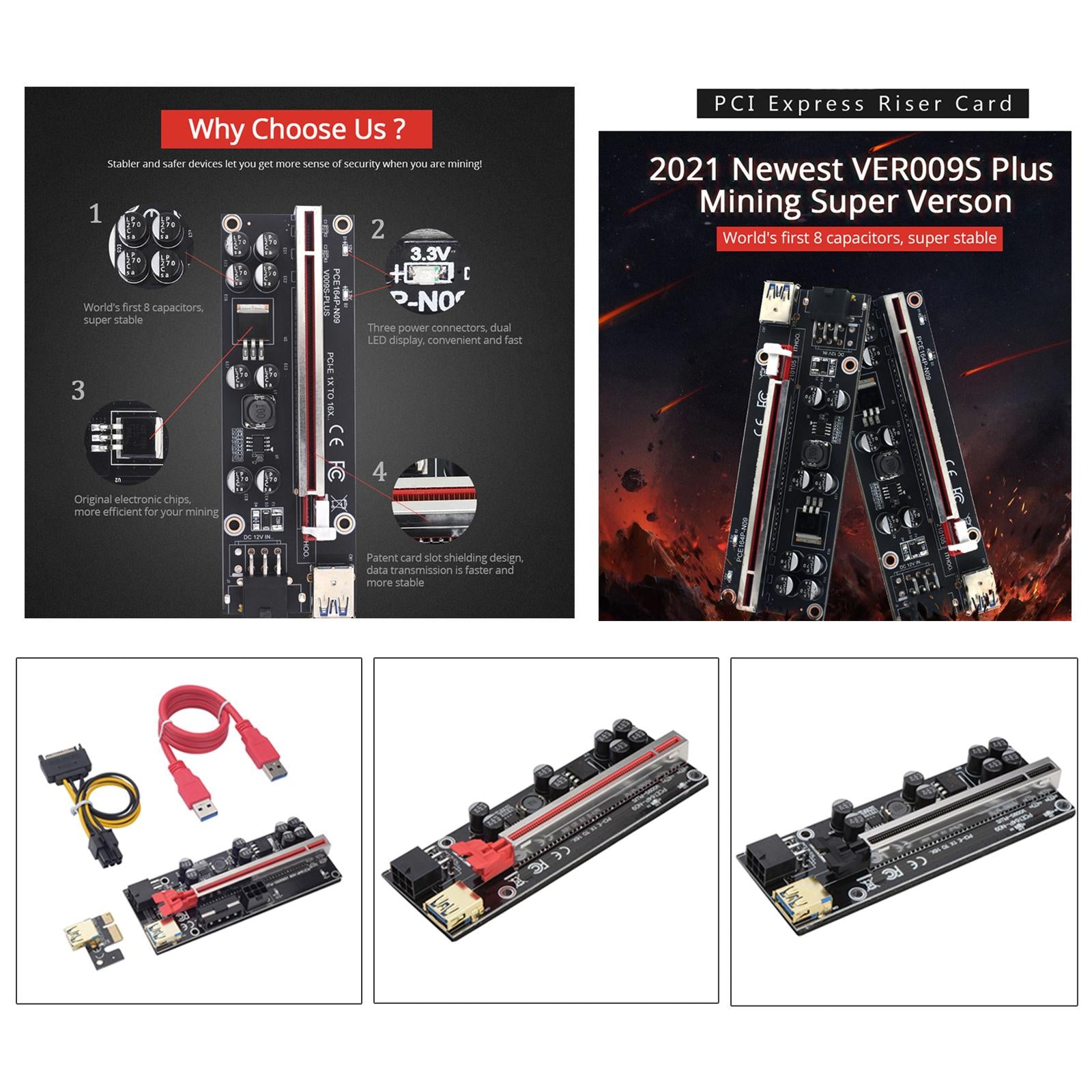 PCI-E Riser Card PCIe 1X to 16X USB3.0 Cable for GPU Mining Black Card Slot