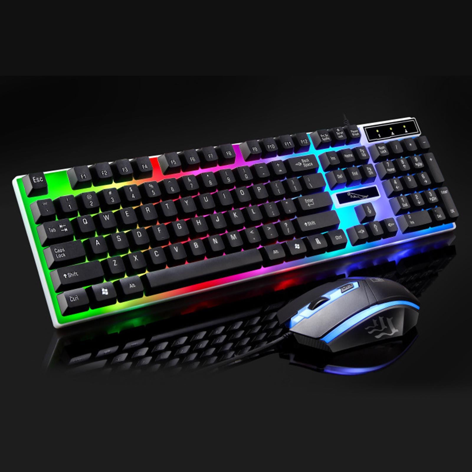 Gaming Wired Keyboard Mouse Kit Rainbow Backlit for Computer Black