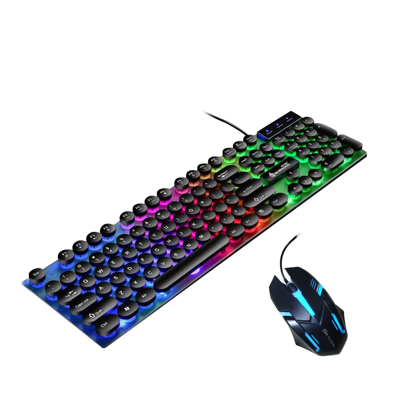 USB Wired RGB Rainbow LED Backlit Gamer Mouse and Keyboard Set Black