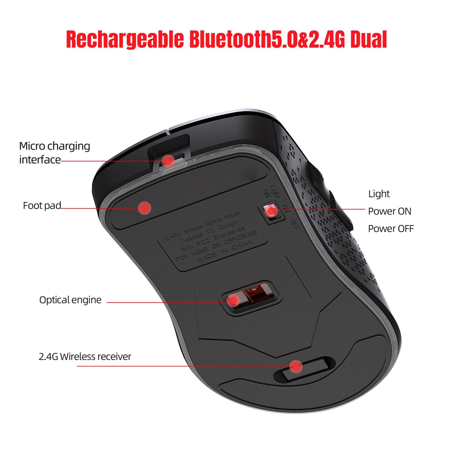 2.4G Bluetooth 5.1 Wireless Mouse for Laptop 3 Adjustable DPI 2400DPI Black