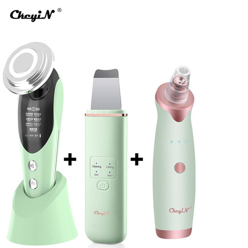 CkeyiN EMS Light Therapy Beauty Machine Facial Massager + Ultrasonic Skin Scrubber + Blackhead Remover + Nano Spray Face Steamer