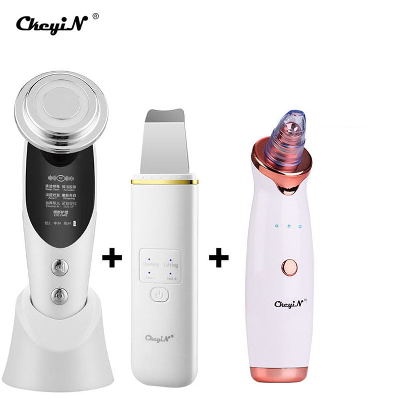 CkeyiN EMS Light Therapy Beauty Machine Facial Massager + Ultrasonic Skin Scrubber + Blackhead Remover + Nano Spray Face Steamer
