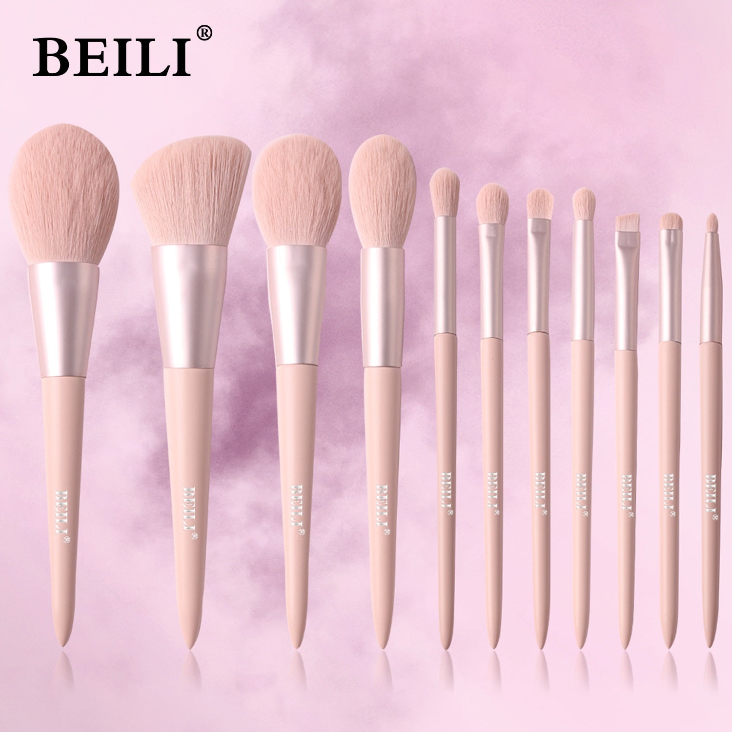 BEILI 10/11 pcs Pink Makeup Brushes Set Vegan Eyebrow Eyelash Powder Synthetic Hair Foundation Brush Make Up Tools For Women