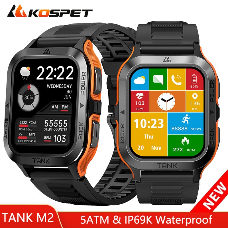 Kospet Tank M2 Bluetooth Call Smart Watch 5ATM IP69K Waterproof Ultra Smartwatch Men Military Standard Fitness Outdoor Sports