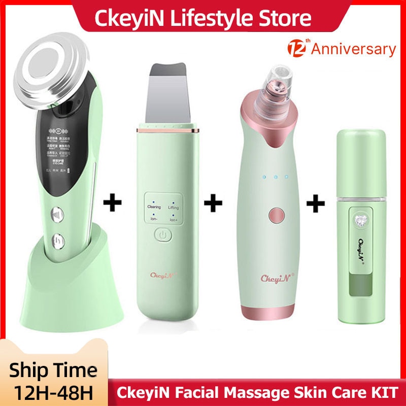 CkeyiN EMS Light Therapy Beauty Machine Facial Massager + Ultrasonic Skin Scrubber + Blackhead Remover + Nano Spray Face Steamer